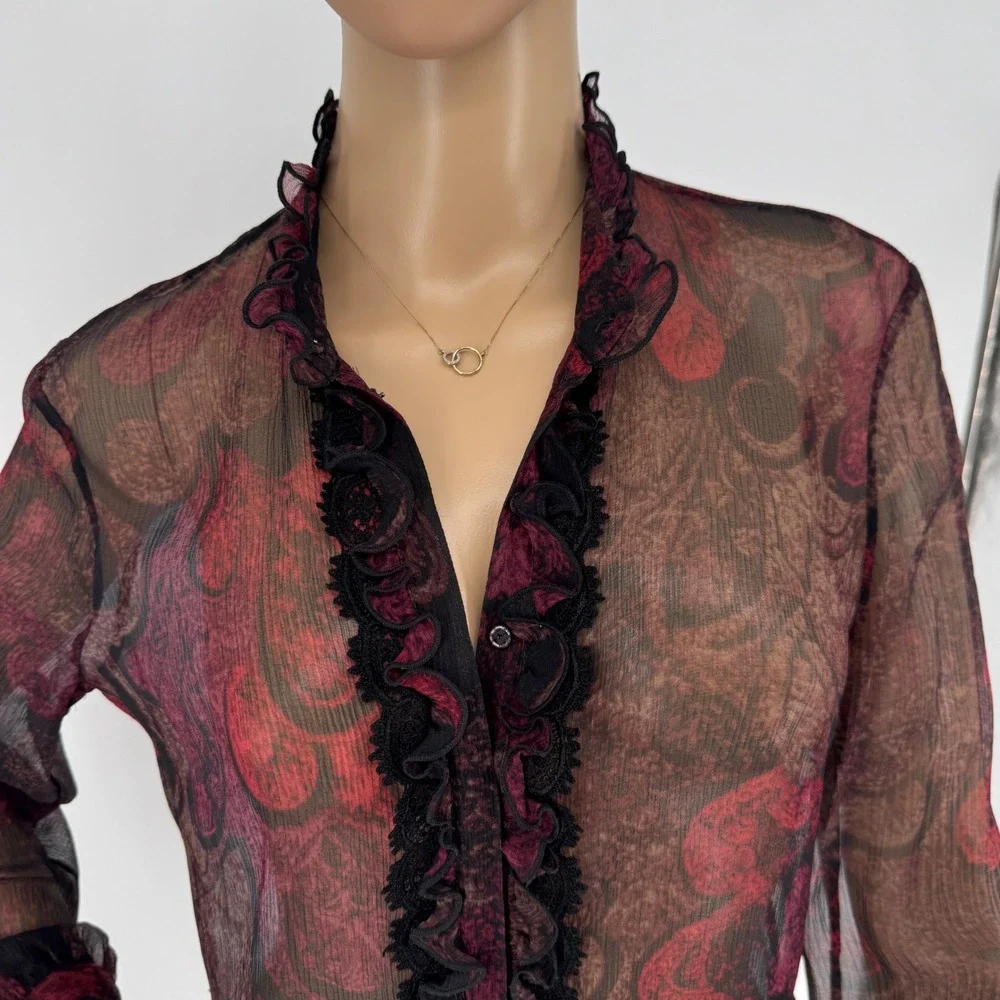 Tahari Women's Sz M Silk Sheer Ruffle Blouse Burgundy Black Victorian Gothic - Picture 15 of 16